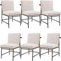 Modern Dining Chairs Set of 6, Comfy Linen Fabric Armless Side Chairs with Backrest Wooden Upholstered Seat Black Metal Legs for Dining Room Living Room, White