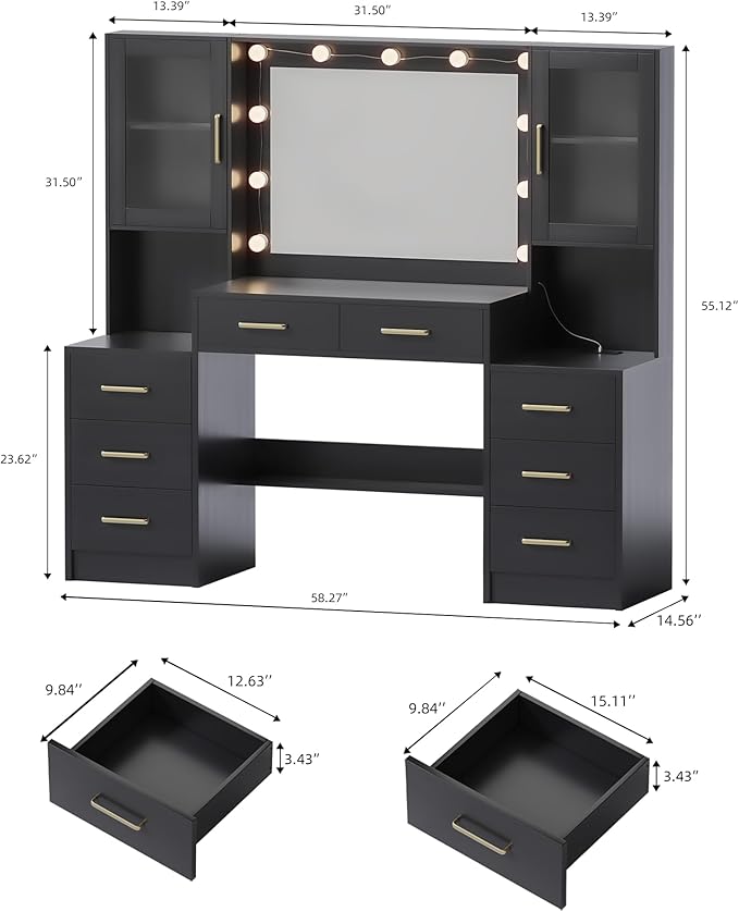 Black Vanity Desk with Mirror, Lights & Charging Station, 58.3" 3 Lighting Modes Makeup Desk with 8 Drawers, 2 Cabinets and Lots Storage, Dressing Table Vanity Set with Lighted Mirror
