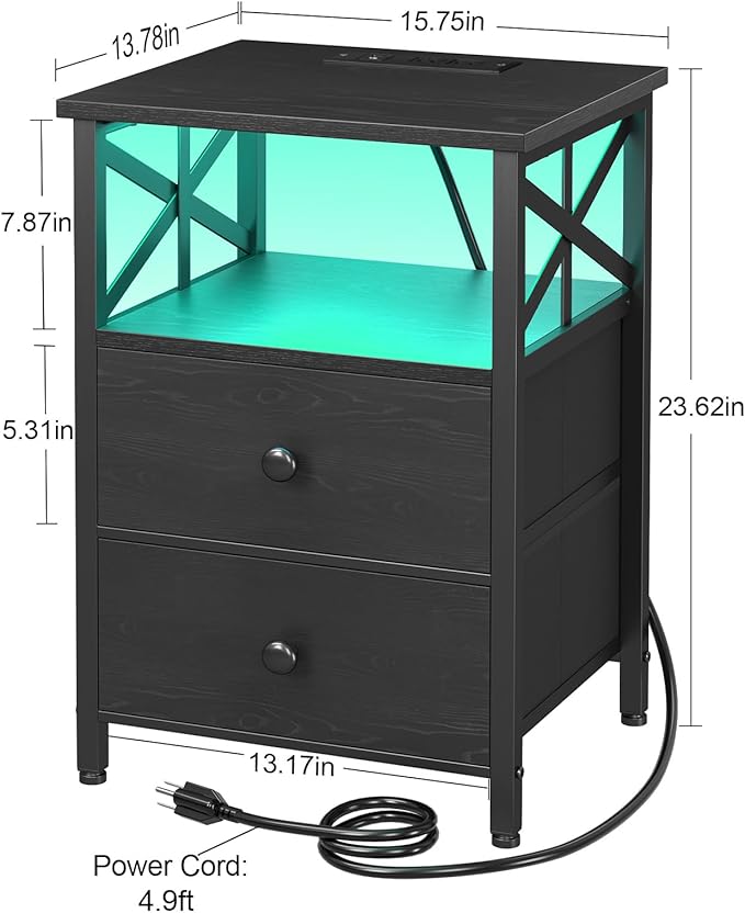 AMHANCIBLE Nightstand with Fast Charging Station, End Table Living Room with USB Charger, Power Outlet, Bed Side Table with Fabric Drawers for Bedroom HET052LBK1