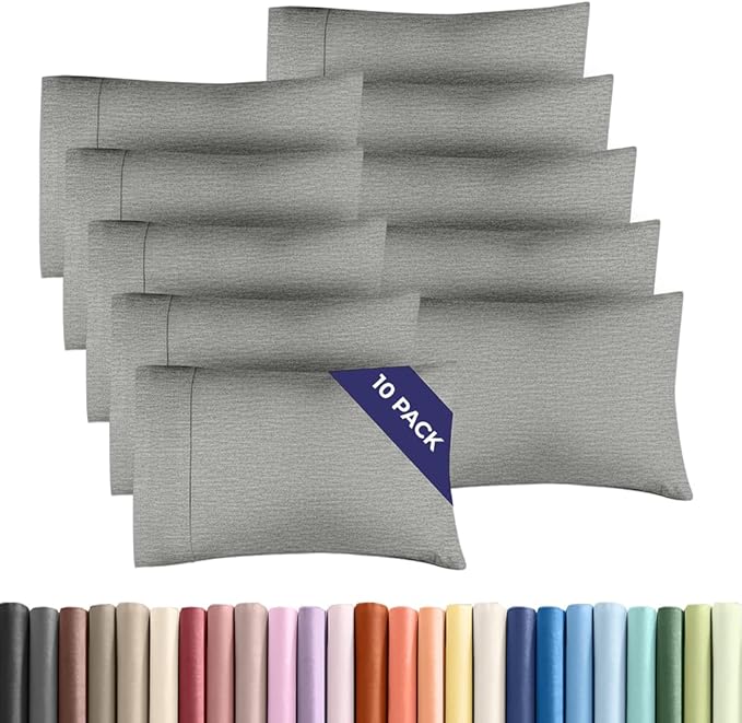 Queen Pillow Cases Set of 10 - Ultra Soft Hotel Quality Pillowcase Covers - Comfy & Wrinkle Free - Shrink, Stain and Fade Resistant - Machine Washable Pillow Protectors - 10 Piece Set - Heathered Grey