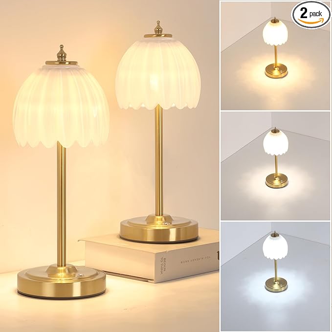 Set of 2 Tulip Table Lamp with 5000mAh Battery & Touch Control, Cordless Small Table Lamp with 3 Colors, Dimmable Rechargeable Table Lamps for Bedroom, Desk, Bedside (White Tulip)