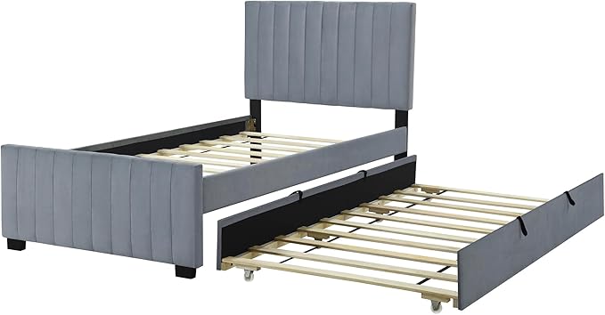 Twin Bed Frame with Trundle Bed,Velvet Upholstered Bed Frame,Twin Size Trundle Bed with Headboard,Upholstered Platform Bed Twin for Kids Teens Adults(Gray)