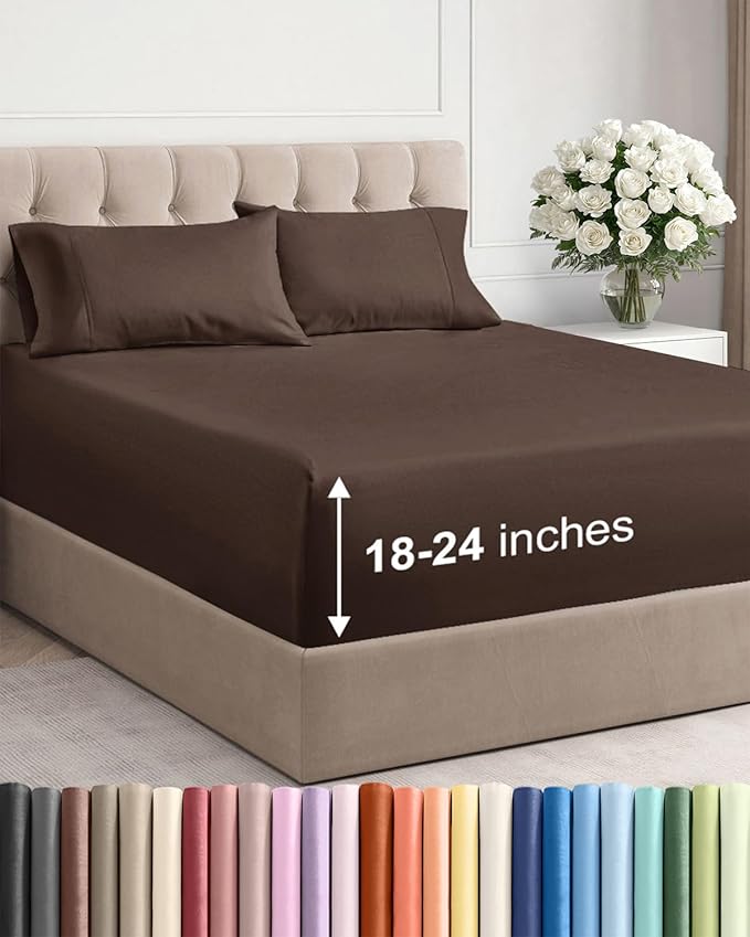 Extra Deep Twin XL Sheet Set - 4 Piece Breathable & Cooling Sheets - Hotel Luxury Bed Sheets Set - Easy & Secure Fit - Soft, Wrinkle Free & Comfy Sheets Set - Brown Sheet Set with Extra Deep Pockets