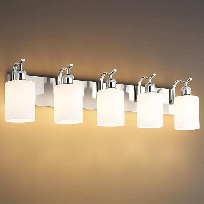 5 Light Bathroom Vanity Light, Brushed Nickel Vanity Lights for Morden Bathroom Lighting Fixtures Over Mirror Wall Light Fixtures with Milky White Frosted Shade ZCVL01BNW-5
