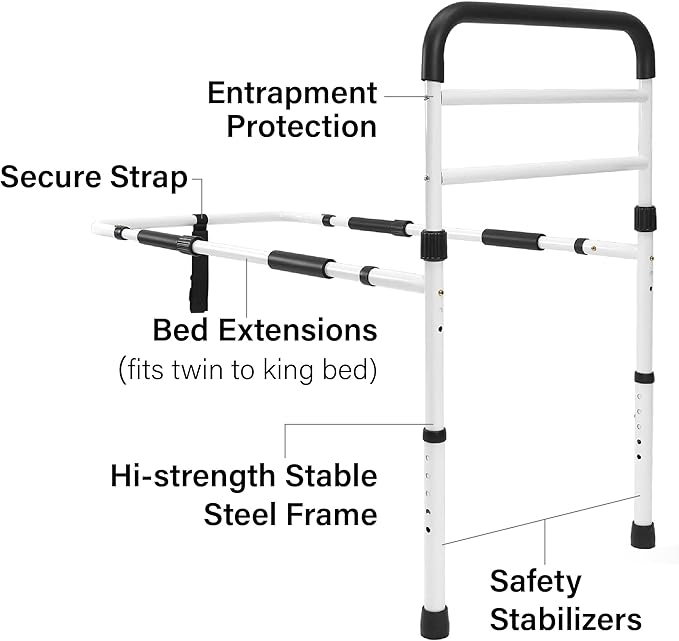 Vaunn Medical New Adjustable Bed Assist Rail Handle (Passed ASTM F3186–17 Safety Standard) and Hand Guard Grab Bar, Bedside Safety and Stability (Tool-Free Assembly)