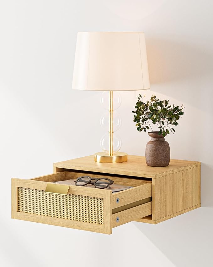 Floating Nightstand, Floating Shelf with Drawer, Wall Mounted Nightstand, Floating Bedside Table (Oak Rattan)
