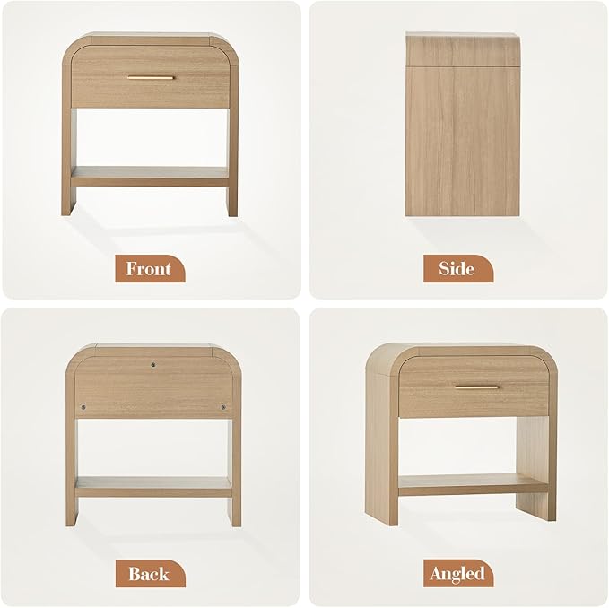 Night Stand Set of 2 [Unique Curved Profile] [FSC-Certified Wooden Board] 1-Drawer and 1 Storage Shelf Nightstand 24" H Metal Handle Modern Bedside Table Side Table End Table for Bedroom