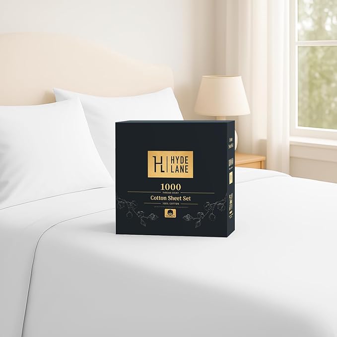 Hyde Lane Luxury 1000 Thread Count 100% Cotton Sheets | Very Soft & Thick - Fits Upto 20" Mattress | Sateen Weave Bed Sheets 18" Deep Pocket- 4 PC Sheet Set (Natural White, King)
