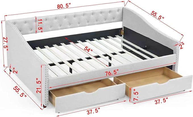Favfurish Full Size Daybed with 2 Storage Drawers,Linen Upholstered Sofa Bed W/Button on Back & Copper Nail on Waved Shape Armrests,No Spring Box Need,Wood Bedframe for Living Room Bedroom Dorm,Beige