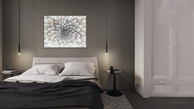 Floral Wall Art in Neutral Color Modern Canvas Decor in Glam Style Framed Artwork with Embellishment Texture Dahlia Flower Picture in White Grey Cream Hues for Office