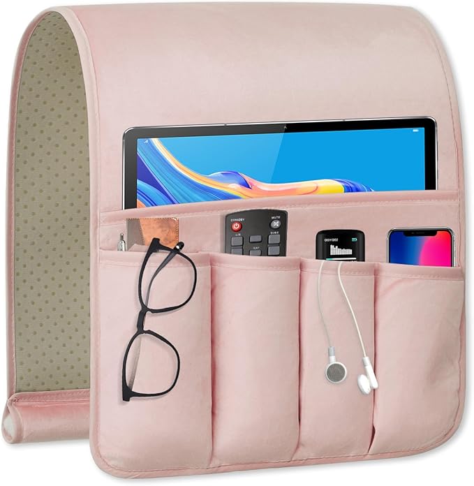 WETRBWEH Remote Control Holder for Armchair，Couch Caddy Organizer TV Remote Holder for Bed Storage 5 Pockets，Remote Caddy Bedside Organizer Bedside Table Organizer (Pink, 35"x12.4")