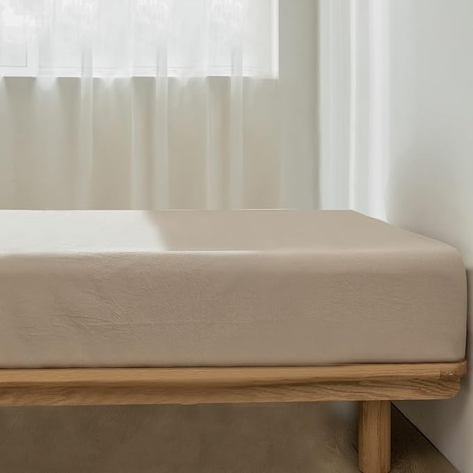 MooMee Fitted Bottom Sheet Only 100% Washed Cotton Linen Like Textured Breathable Durable Soft Comfy Deep Pocket Fits Mattress up to 17" (Taupe, Queen)