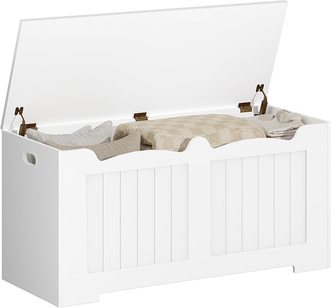 Hzuaneri 39.4" Storage Chest, Storage Bench Trunk with 2 Hinges, Wooden Box, Lift-Top Chest Organizer, Shoe Bench for Entryway, Bedroom, Living Room, White 01003XSB