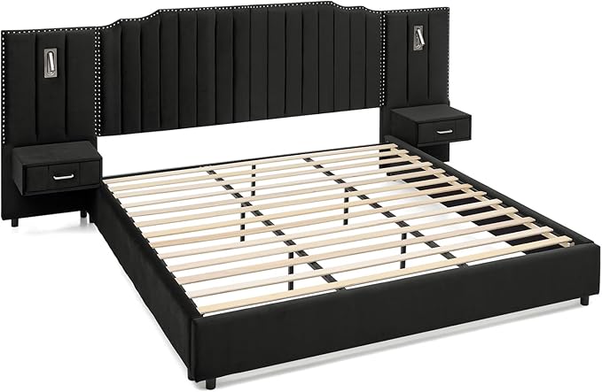 King Size Bed Frame with Storage, Luxury King Platform Bed Frame with Headboard, Velvet Fabric Upholstered Bedframe with LED Lights, Solid Frame & Bedside Table, No Box Spring Needed, Black