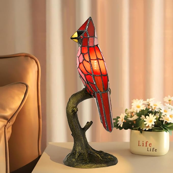 Cardinal Tiffany Style Accent Table Lamp in Height 14.5" Overall, Handmade Stained Glass Red Bird Lamp for Bedside Livingroom Bedroom Home Decoration (Red Cardinal)