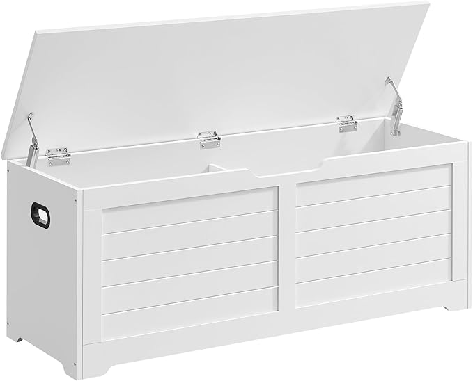 VASAGLE Storage Chest, Storage Bench with 2 Safety Hinges, Farmhouse Style, 15.7 x 47.2 x 18.1 Inches, for Entryway, Bedroom, Living Room, Cloud White ULSB065W01