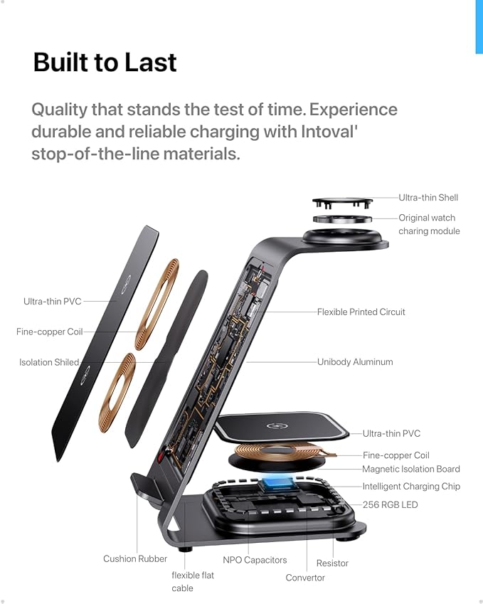 Intoval Aluminum 3 in 1 Wireless Charging Station for iPhone 17 16 15 14 13 12 11 Pro Max XR, Wireless Charger for Apple Watch 11 10 9 8 7 Ultra SE 3 2, Phone Charger for AirPods 4 Pro 2 3 (Grey)