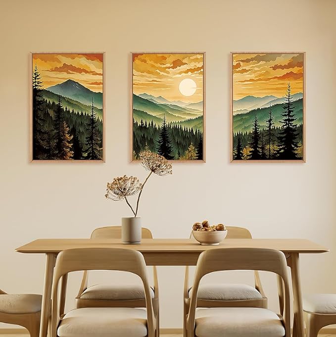 LHIUEM Large Boho Sunset Mountain Framed Canvas Wall Art,Retro Pine Tree Wall Decor,Nature Foggy Forest Wall Painting,Bohemian Landscape Artwork for Living Room,Bedroom,Dining Room,Office -16"x24"x3