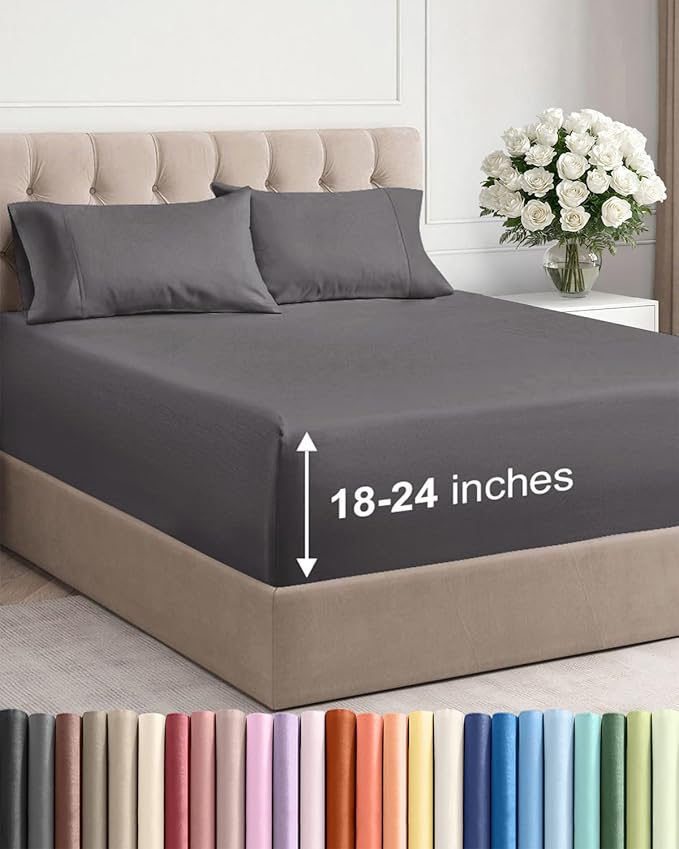 Extra Deep Twin Sheet Set - 4 Piece Breathable and Cooling Sheets - Hotel Luxury Bed Sheets Set - Easy & Secure Fit - Soft, Wrinkle Free and Comfy Sheets Set - Grey Sheet Set with Extra Deep Pockets