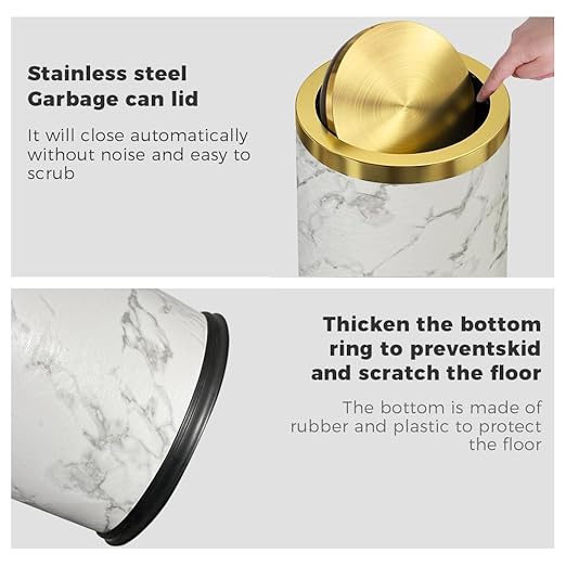 4 Gallon Bathroom Trash Can with Swing Lid, White Gold Garbage Can, White Marble Leather Waste Basket, for Bedroom Kitchen Powder Room (Marble)