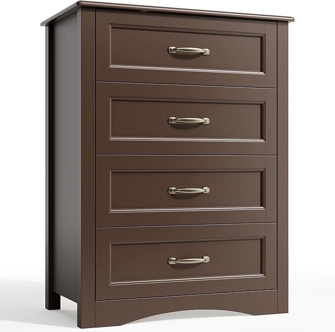 Gizoon Dresser for Bedroom with 4 Drawers Wooden Chest of Drawers for Closet Dresser Storage Unit Organizer for Hallway Living Room and Office, Dark Brown
