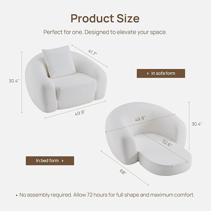 SICOTAS Curved Sofa Couch Bed for Living Room Convertible Futon Cloud Boneless Sleeper Chair Pull Out Floor Couch with Deep Seat Sofa Set Foam No Assembly Required for Bedroom Apartment Office, White