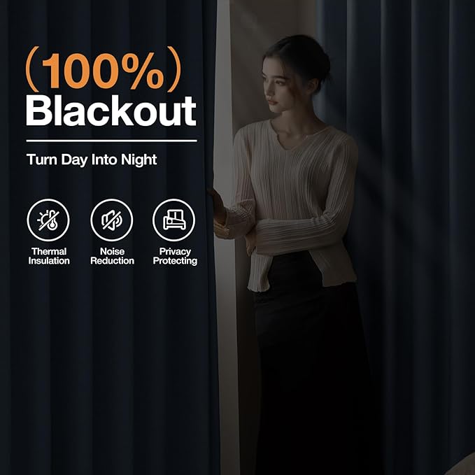 100% Blackout Curtains 102 inch Length 2 Panels for Living Room, Linen-Look Textured Room Darkening Thermal Insulated Soundproof Farmhouse Drapes for Bedroom (W52xL102, Blue)