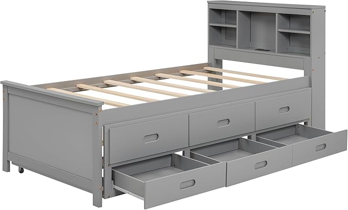 Platform Bed with Storage Headboard, USB, Twin Size Trundle and 3 Drawers, Twin Size, Gray