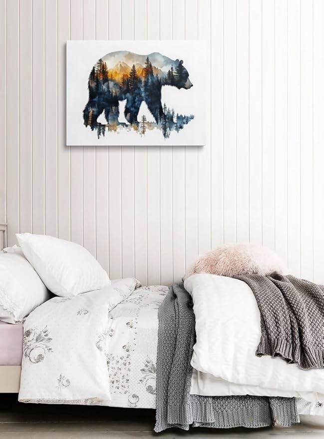 Bear Silhouette Forest Landscape Canvas Wall Art Framed Print Watercolor Painting Nature Wildlife Wall Decor Artwork Poster Sunset Colors Mountain Tree for Living Room Bedroom Office 12x16 Inches