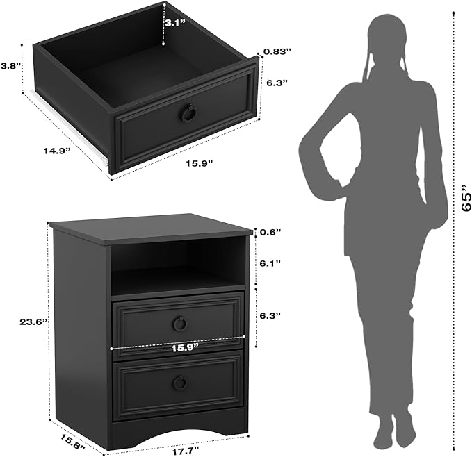 Set of 2 Large Night Stand with Drawers, 17.7" W Nightstand with 2 Drawers, Accent Bed Side Table and End Table with Large Open Storage for Bedroom, Living Room,Black