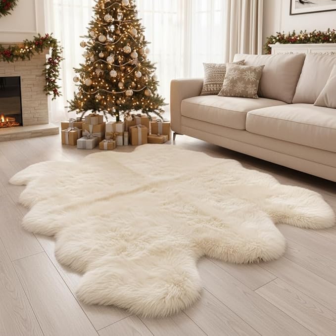 Super Area Rugs Premium Genuine Sheepskin Rug 5' x 6' Long Fur Soft & Natural Shaggy Living Room Rug, Champagne Cream, Six Pelt