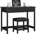 ChooChoo 40 Inch Modern Desk with Drawers, Makeup Vanity Desk with Padded Stool, Small Home Office Desk for Bedroom, Black