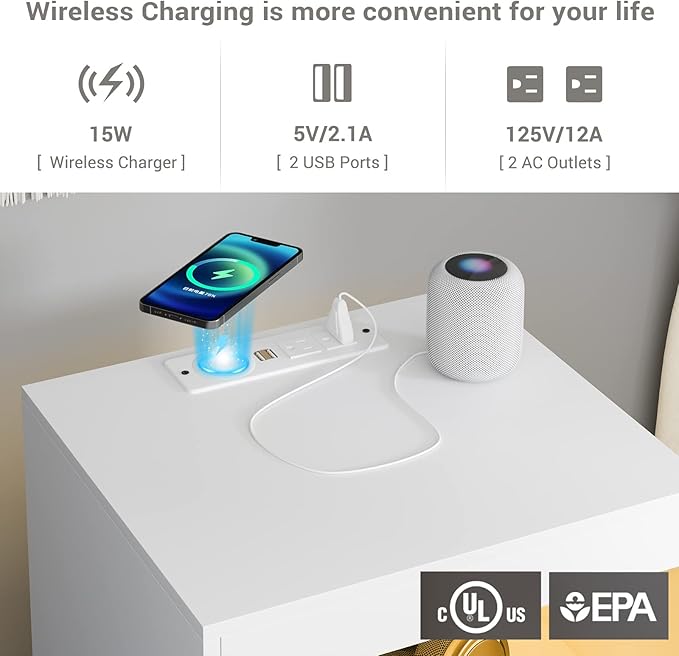 Tiptiper White Nightstand Set of 2, LED Nightstand with Wireless Charging Station, Night Stand with Drawers & Pull-Out Shelf, Modern Bedside Table with Storage, End Table Side Table