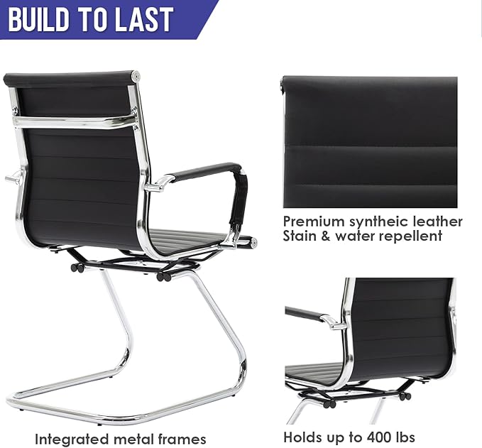Wahson Office Guest Chairs Set of 2, Leather Reception Chairs, Mid Back Waiting Room Chair, Conference Chairs with Sled Base, Desk Chair No Wheels for Meeting/Lobby/Restroom, Black