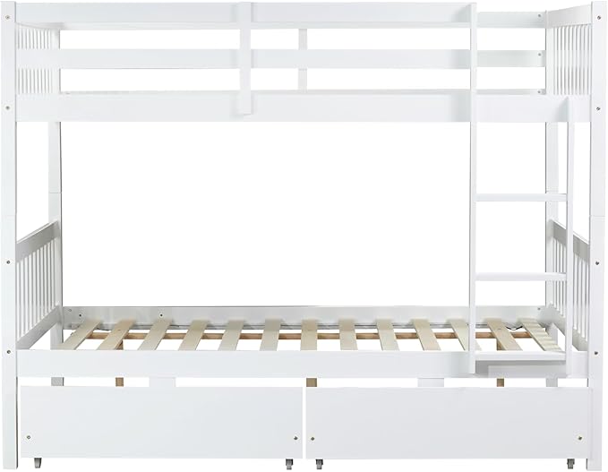 Full Over Full Bunk Bed with Storage Drawers,Convertible Bunk Beds with Ladder & Safety Guardrails,Full Size Bunk Beds for Kids Girls Boys,White