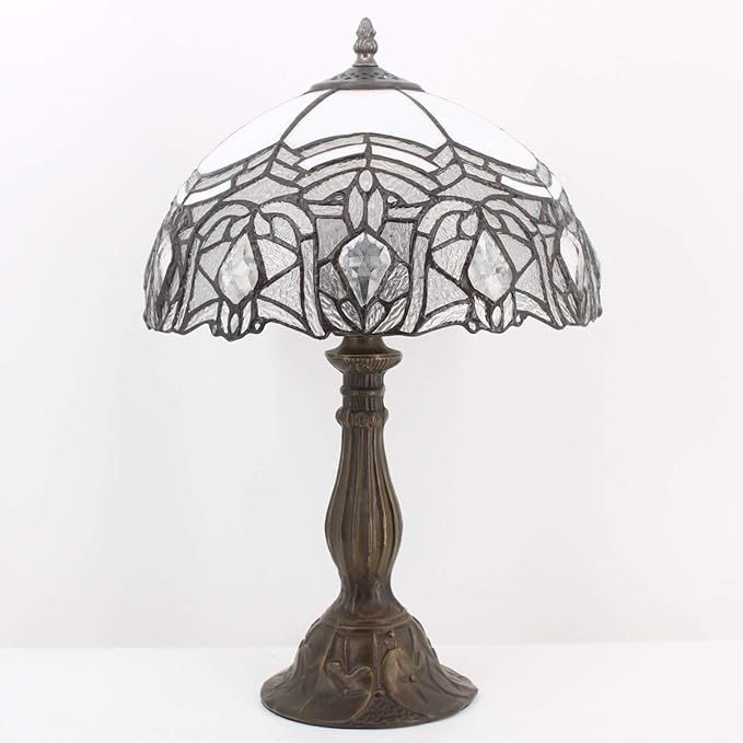 WERFACTORY Tiffany Lamp White Bent Stained Glass Bedside Table Lamp Desk Reading Light 12X12X18 Inches Decor Bedroom Living Room Home Office S508W Series