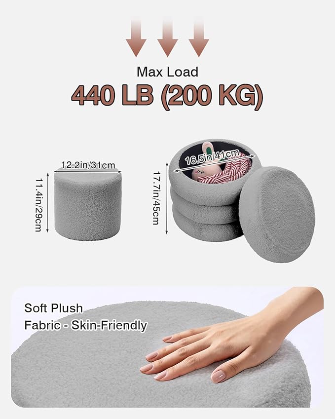 Round Set of 2 Sherpa Storage Ottoman Stool Boucle Vanity Stool Footstool with Removeable lid Load up to 440 lbs for Livingroom Bedroom Gray UASND68G