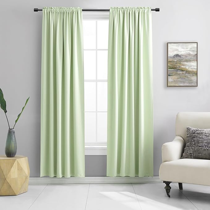 DONREN 90 inch Length Room Darkening Curtain Panels for Living Room - Energy Efficient Blackout Bedroom Curtains Thermal Insulated Rod Pocket,Light Green,52 x 90 inch Set of 2 Panels