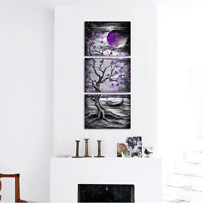 KREATIVE ARTS 3 Piece Full Moon Tree Canvas Wall Art Modern Abstract Black and White Tree Landscape Painting Prints for Bedroom Bathroom Decor Gallery Wrapped Artwork Ready to Hang (Purple)