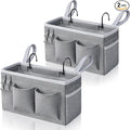 Kanrichu 2pcs Bedside Caddy Hanging Storage Bag, Water Cup Holders, Organizer Baskets with Pockets for Bunk Bed Shelf, Hospital Beds, Loft & Dorm Rooms Accessories (Bedside bag-Grey)
