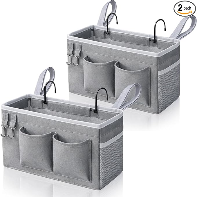 Kanrichu 2pcs Bedside Caddy Hanging Storage Bag, Water Cup Holders, Organizer Baskets with Pockets for Bunk Bed Shelf, Hospital Beds, Loft & Dorm Rooms Accessories (Bedside bag-Grey)