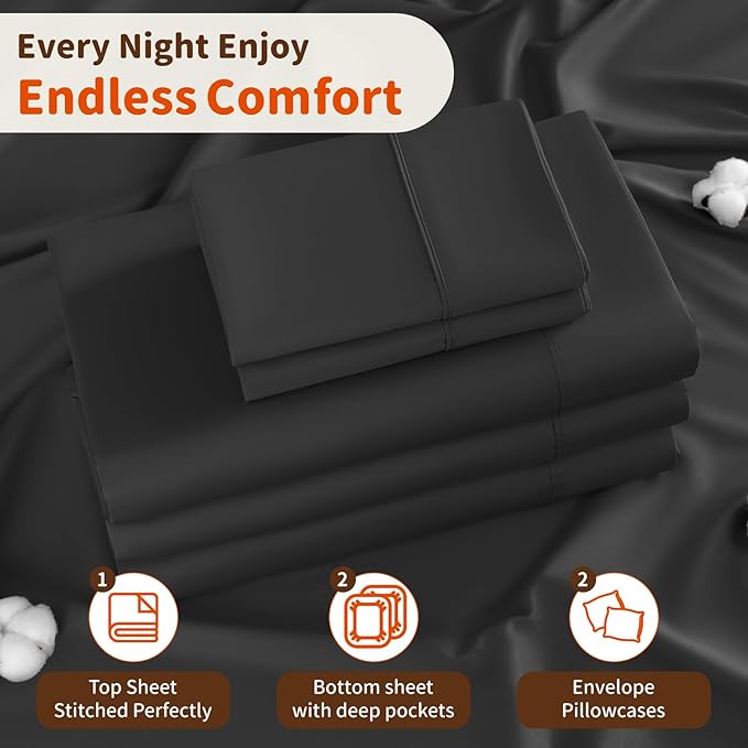 LBRO2M Split King Sheet Sets for Adjustable Bed 1000 Thread Count 100% Egyptian Cotton Sheet, 5 Piece Sets Bed Sheet Deep Pocket Up to 16" Soft Comfortable All Season (Split King, Black)
