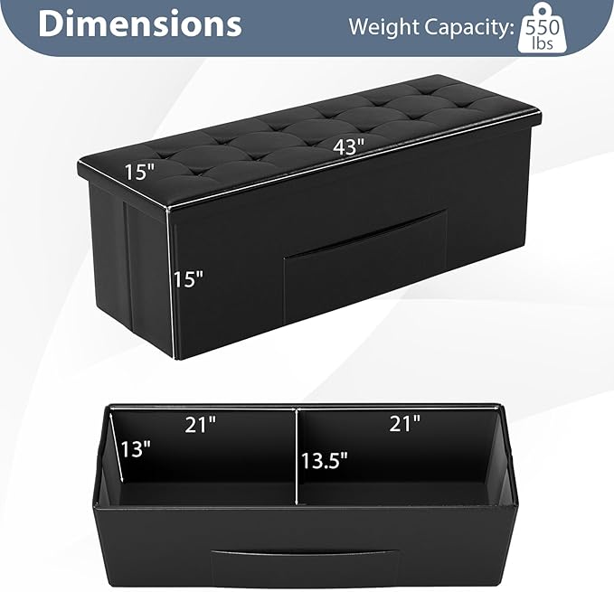 Giantex 43 Inches Folding Storage Ottoman Bench, Upholstered PU Leather Storage Chest with Side Pocket, Padded Seat, End of Bed Bench, Collapsible Ottoman Foot Rest for Living Room, Bedroom & Entryway