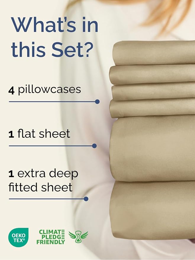 Extra Deep Cal King Sheet Set - 6 Piece Breathable & Cooling Sheets - Hotel Luxury Bed Sheets Set - Easy & Secure Fit - Soft, Wrinkle Free & Comfy Sheets Set - Beige Sheet Set with Extra Deep Pockets