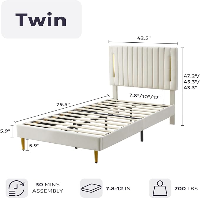 Twin Platform Bed Frame, Velvet Upholstered Bedframe with Vertical Channel Adjustable Headboard, Golden Plating Trim, Mattress Foundation with Wooden Slats, No Box Spring Needed, Beige