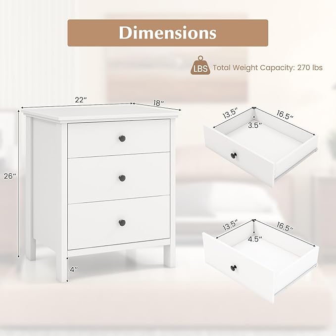 Giantex Nightstand with 3 Drawers Set of 2, Wooden Side End Table with Solid Wood Legs, Retro 3-Drawer Bedside Table Night Stand for Bedroom Home Office Small Space, Easy Assembly, White
