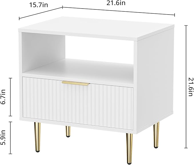 White Nightstand Set of 2, Modern Nightstand with Drawer, End Table with Storage, Bed Side Table with Open Space for Bedroom, Living Room, White
