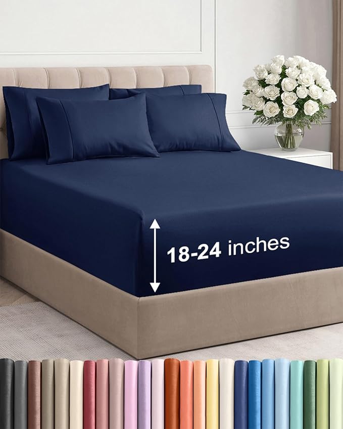 Extra Deep Full Sheet Set - 6 Piece Breathable & Cooling Sheets - Hotel Luxury Bed Sheets Set - Easy & Secure Fit - Soft, Wrinkle Free & Comfy Sheets Set - Navy Blue Sheet Set with Extra Deep Pockets