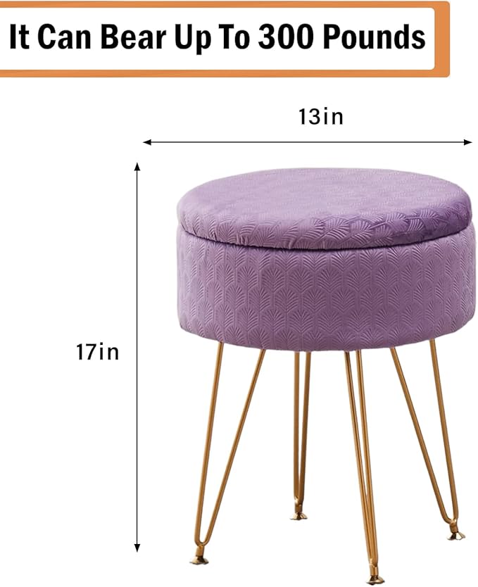 Cpintltr Footrest Footstools Round Velvet Ottoman with Storage Space Soft Vanity Chair with Memory Foam Seat Small Side Table Hallway Step Stool 4 Gold Metal Legs with Swivel Leveling Feet Purple