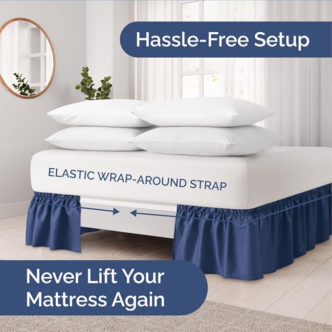 Wrap Around Dust Ruffle Bed Skirt - Navy Blue - for Twin Size Beds w/ 14 Inch Drop - Easy Fit Elastic Strap - Adjustable Pleated Bedskirt with Brushed Fabric, Wrinkle Free Women, Men, Kids and Teens